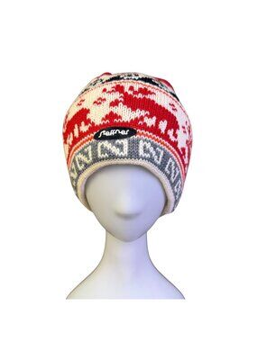 Steffner Red/Gray/White Womens Knitted Patterned Beanie Hat Winter Accessory